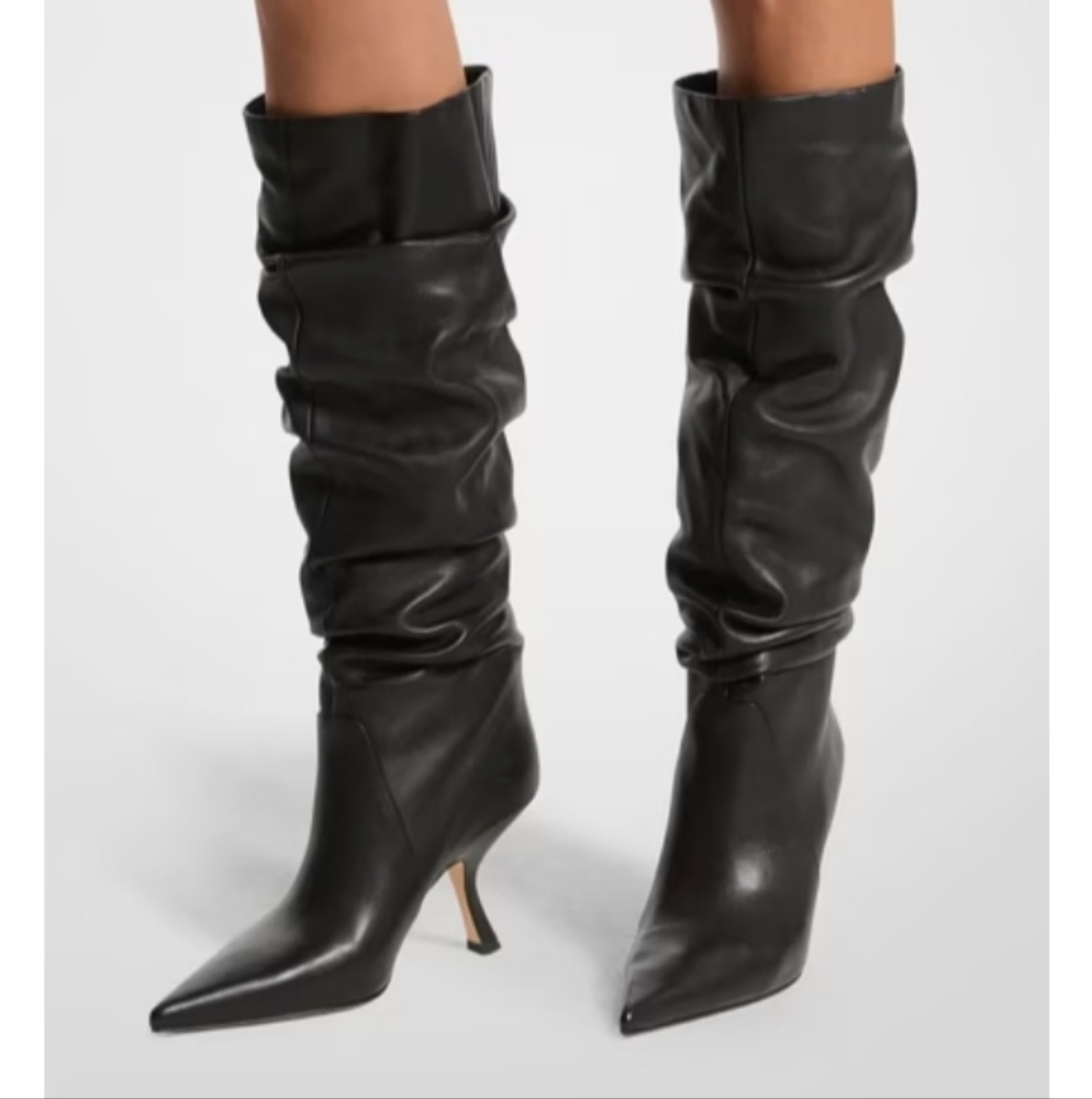 Michael Kors Black Leather Luna Slouchy Heeled Boots Sz-9.5